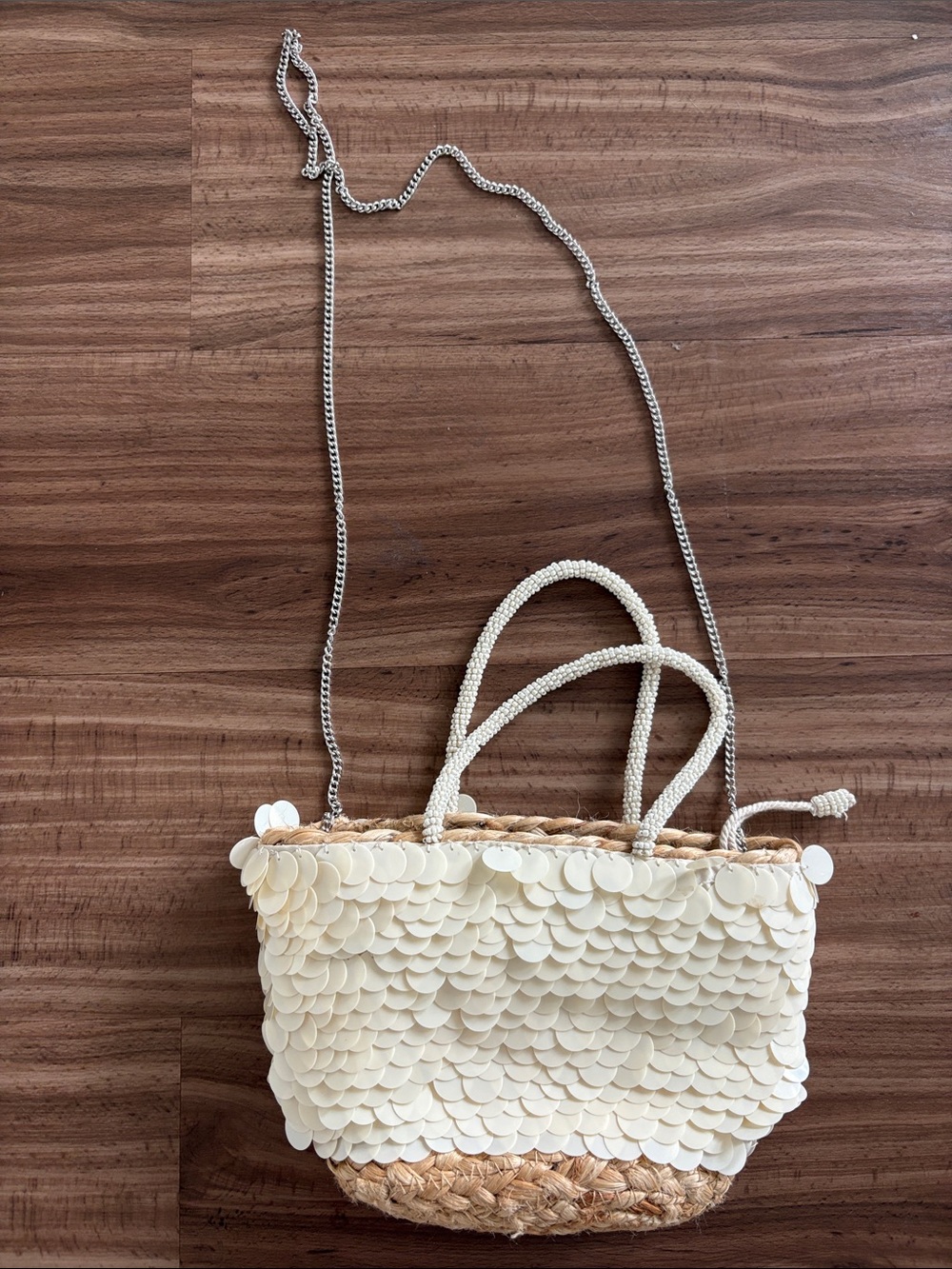Cream Sequin Straw Shoulder Bag - Zara